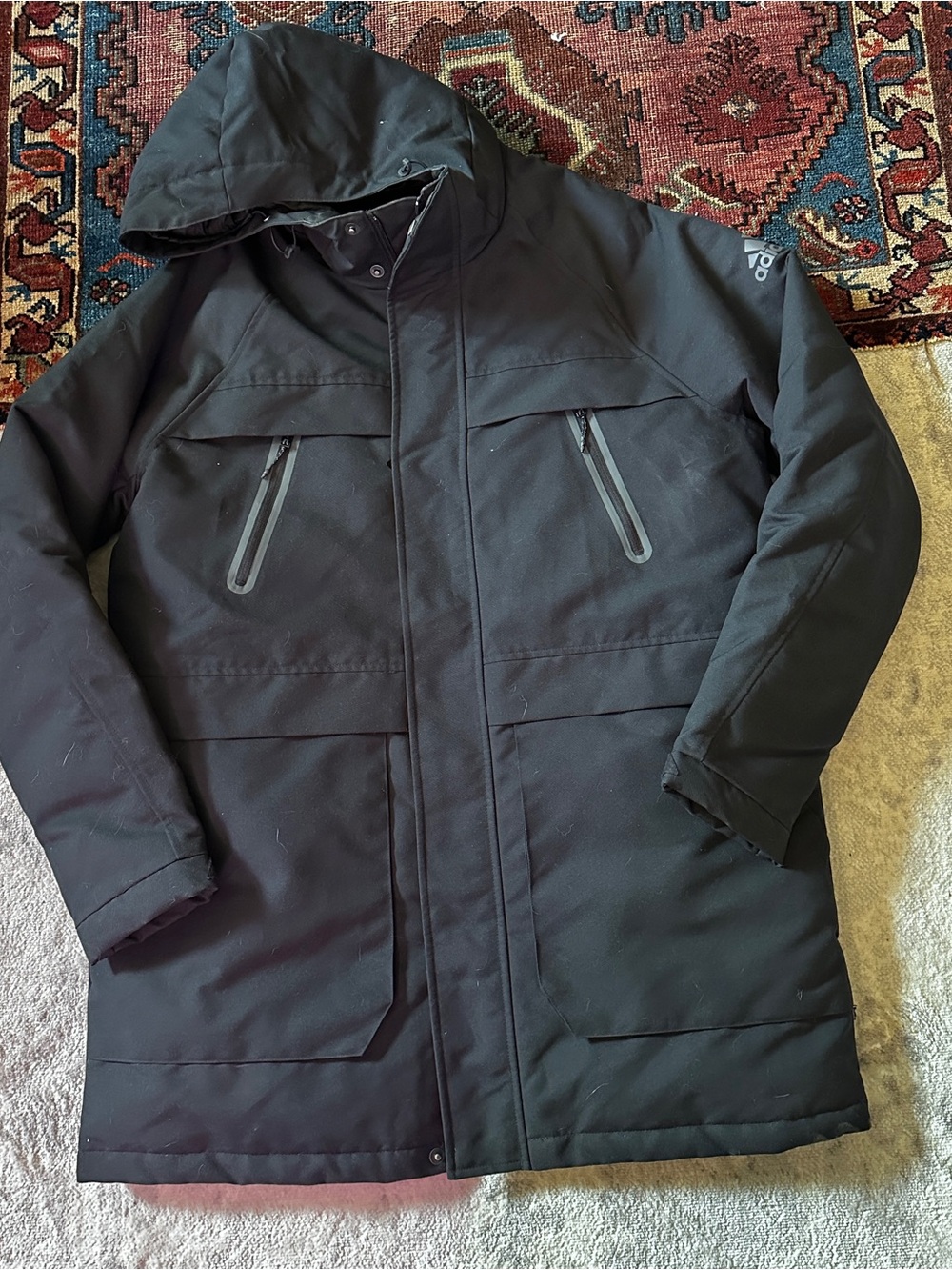 adidas Black Hooded Puffer Pea Coat Parka Climalite